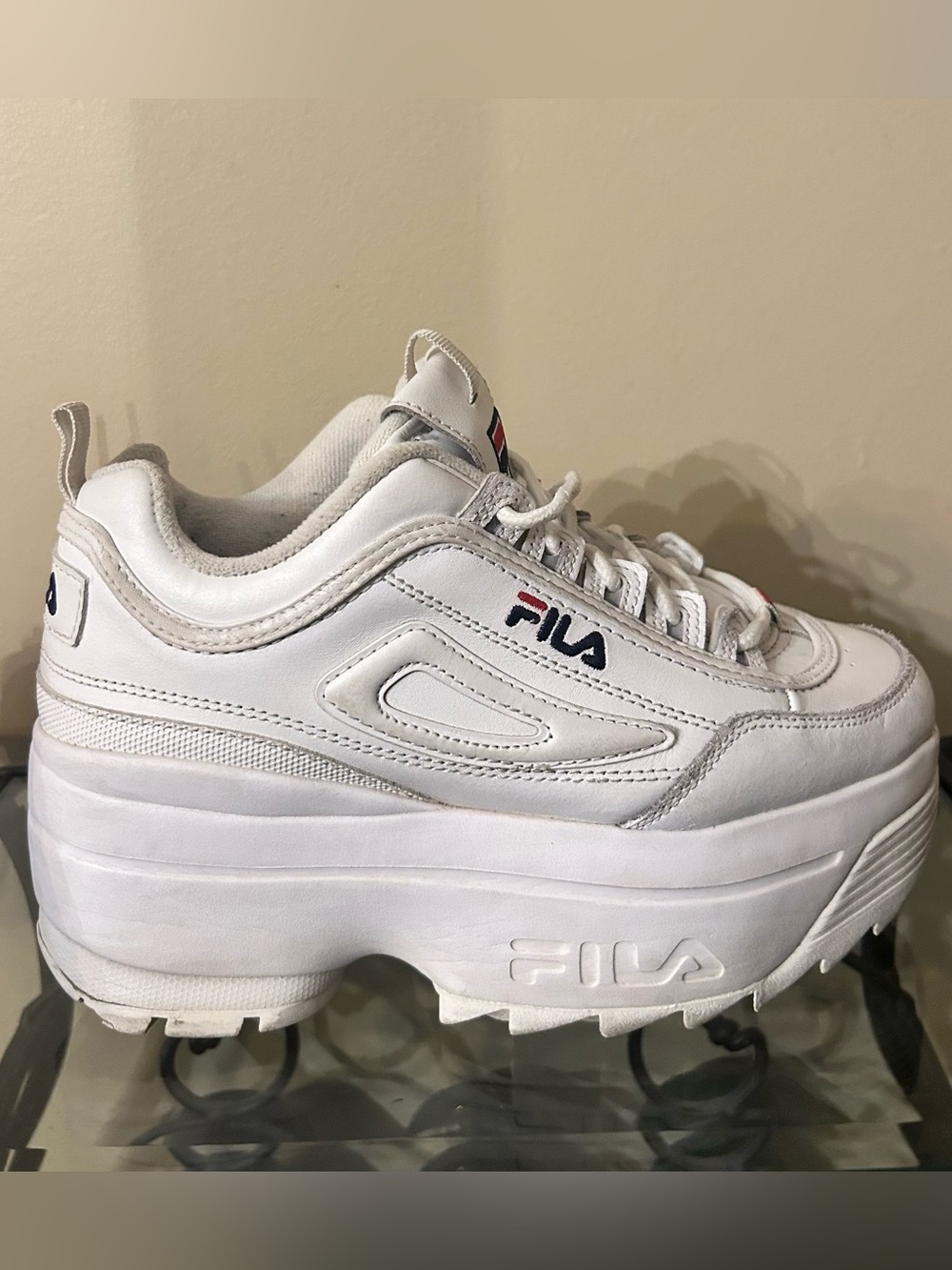 FILA White Platform Disruptor Chunky Sneaker with Navy & Red Logo